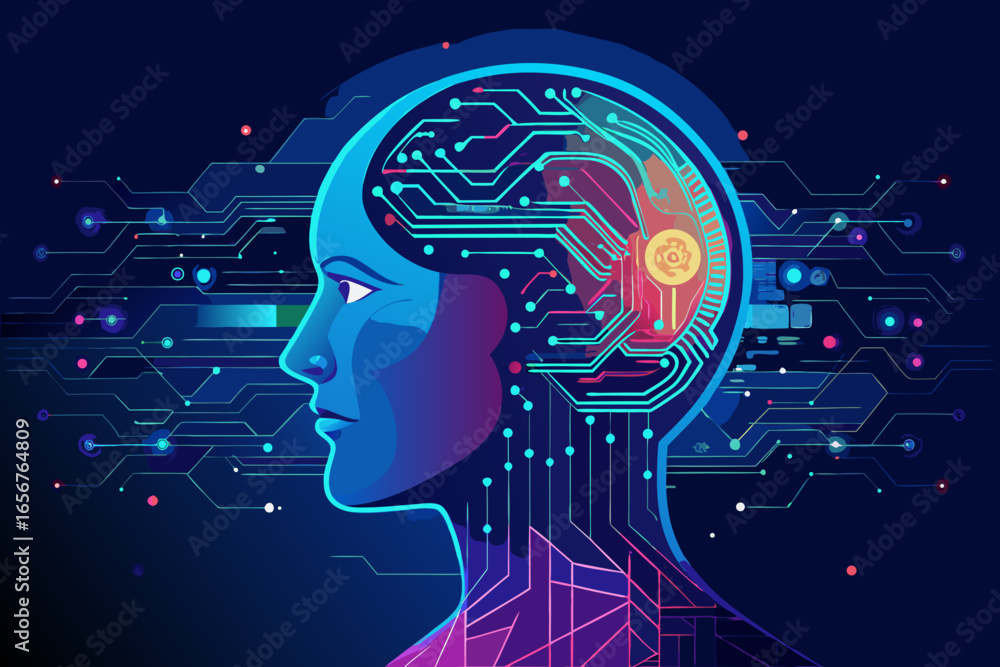 Poster vibrant ai brain visualization with intricate neural pathways and glowing circuits, symbolizing inno