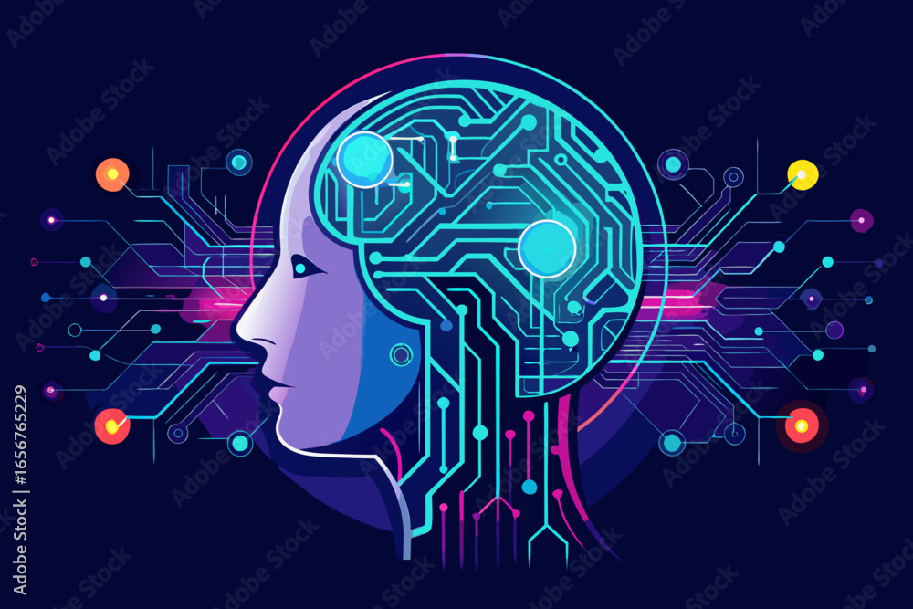 Poster futuristic ai mindscape showcases intelligent consciousness with glowing neural network pathways and