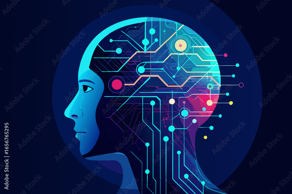 Poster explore the future of human intelligence with this vibrant digital ai brain graphic, showcasing intr