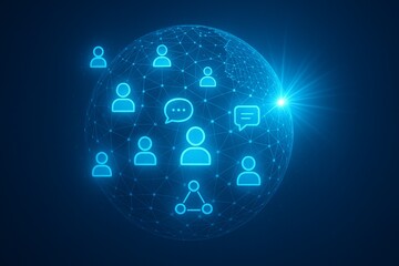 Digital network of glowing blue human icons and communication symbols orbiting a luminous planet