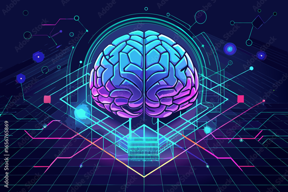 Poster vibrant digital brain glows with intricate neon circuitry symbolizing futuristic ai and advanced tec