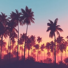 Silhouettes of palm trees at sunset.