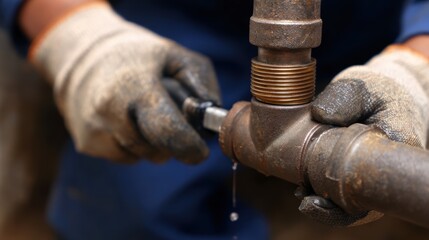 Skilled worker repairing a leaking pipe in a maintenance setting, with tools and water droplets visible