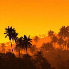 Obraz premium Silhouette of tropical palms against a fiery sunset.