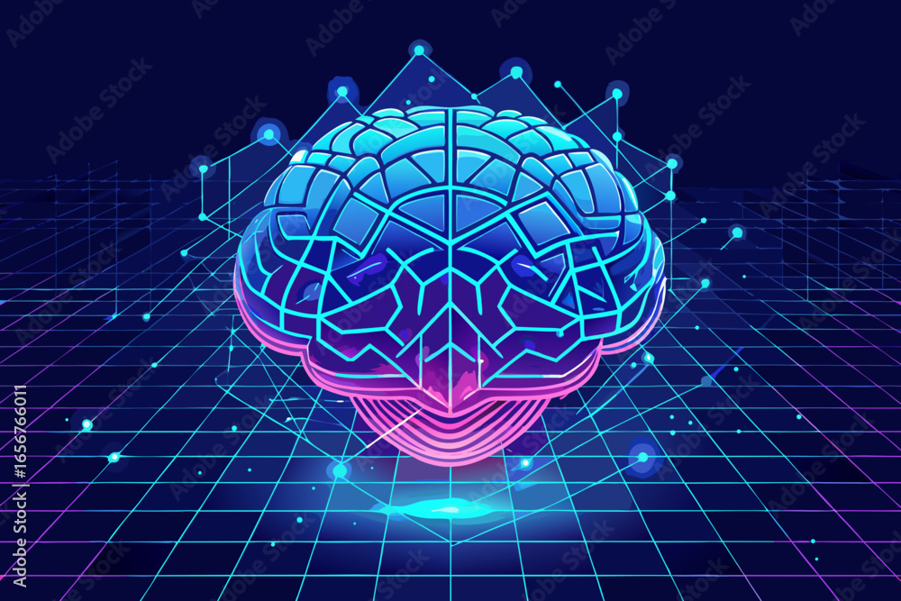 Poster experience the future of artificial intelligence with a vibrant, glowing neural network brain symbol