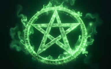 Mystical pentagram ritual with vibrant green energy and swirling effects for fantasy storytelling and design. High quality