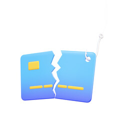3d render Hook larceny money transaction via credit card broken online identity information on isolated background. Payment hacker protection online concept. safety fraud financial. illustration
