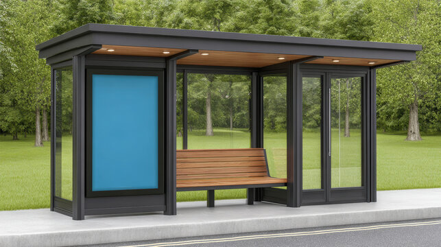 Modern bus stop shelter with blue advertising billboard, wooden bench, glass walls, and green park background