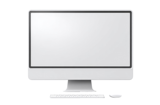 A stylized, light gray computer monitor with a blank screen, and a matching keyboard and mouse