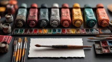 Artist's palette with various tubes of paint, brushes, and paper