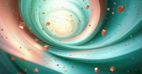 Abstract swirling vortex. Teal, peach hues dominate. Cubes float within luminous center. Dynamic, flowing composition.
