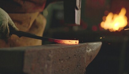 Close-Up of Blacksmith Striking Heated Iron Rod with Hammer on Anvil in Fiery Forge Workshop