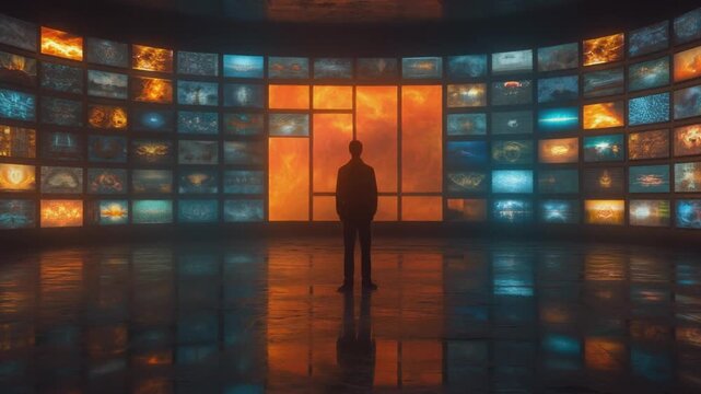 多数のディスプレイ・スクリーン・モニターに囲まれた、孤独でディストピア的な未来のイメージ