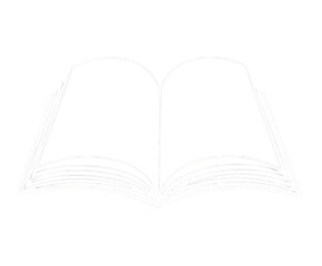 Open book graphic, white outline on black background