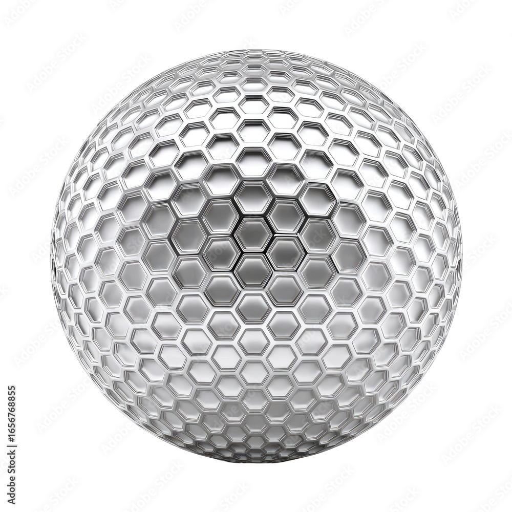 Poster a highly detailed, close-up view of a silver golf ball. the surface is covered in a repeating patter