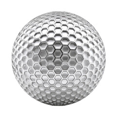 A highly detailed, close-up view of a silver golf ball.  The surface is covered in a repeating pattern of hexagonal dimples