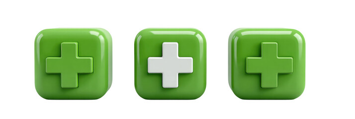 Obraz premium Three glossy green square buttons, each featuring a white plus sign