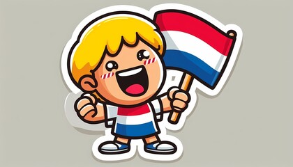 Fototapeta premium Cheerful Cartoon Dutch Boy Waving the Netherlands Flag