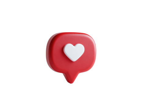 3D rendered red speech bubble with a white heart icon