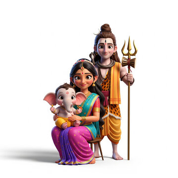 Shiva Parvati with Child Ganesha &ndash; Divine Hindu Family Illustration