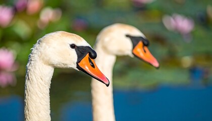 Close-up of two swan heads.