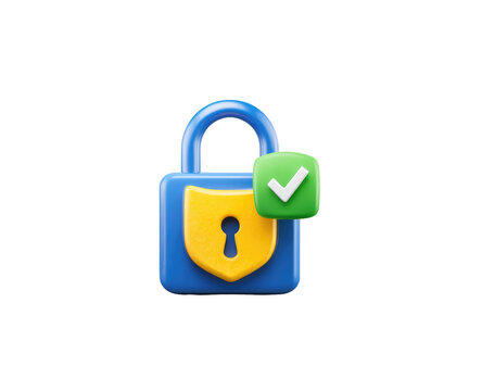 A stylized, 3D lock icon with a green checkmark and a yellow shield, signifying security and verification.  The lock is a vibrant blue, and the shield is a bright yellow
