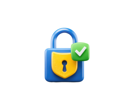 A stylized, 3D lock icon with a green checkmark and a yellow shield, signifying security and verification.  The lock is a vibrant blue, and the shield is a bright yellow - Powered by Adobe