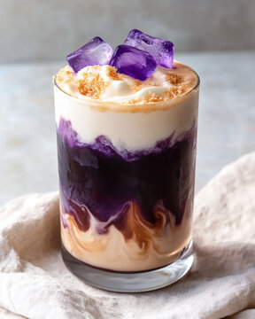 Ube coconut cold brew with violet ice cubes