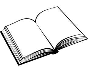 Open book, black and white, simple illustration.  Pages spread wide, showing blank interior.  Simple book binding visible