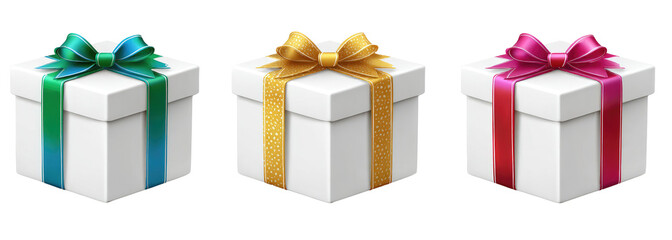 Three white gift boxes with teal, gold, and pink ribbons