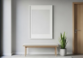 Fototapeta premium Bright interior with a blank frame mockup on the wall, a wooden bench, a snake plant and a door, creating a minimalist and modern home decor concept