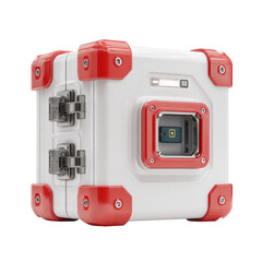 A white, box-like device with red accents.  A small, rectangular camera module is visible