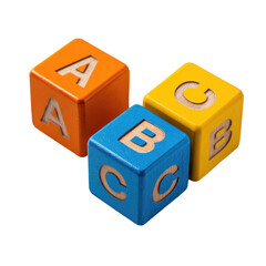 Three colorful wooden blocks, each with a letter, forming a  design