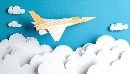 A paper airplane, a vibrant yellow and white, soars through a sky dotted with fluffy white clouds against a bright blue backdrop.