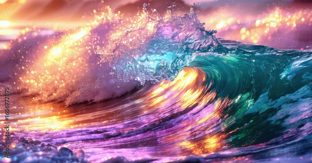 Poster vibrant ocean wave curls, illuminated by colorful light. splashes create dynamic energy, beautiful t