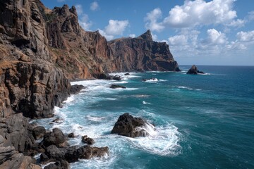 Naklejka premium Rugged coastline with crashing waves (1)