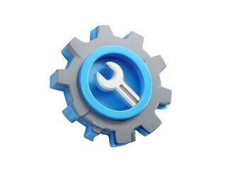 3D gear icon with a wrench.  A stylized gear graphic, gray and blue, features a prominent wrench in the center.  Realistic textured look