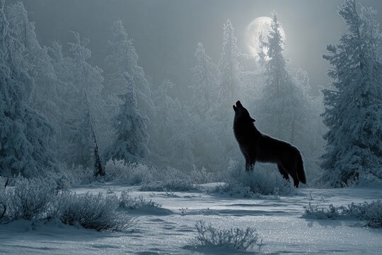 Wolf howling at the moon in a snowy forest