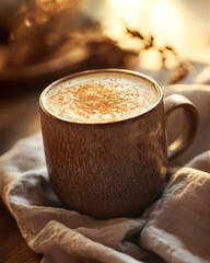 Golden rim light on spiced pumpkin cold foam latte in ceramic mug