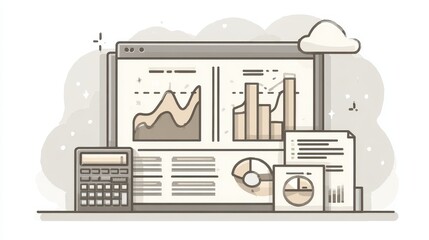Naklejka premium A financial dashboard chart clipart, business analysis element, clean line art, muted palette, isolated on white background.