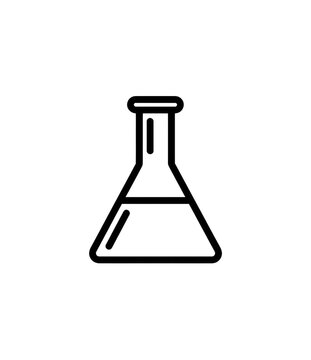 A simple, outlined, black, conical flask graphic against a completely black background.  It's a single, minimalist illustration of a laboratory flask