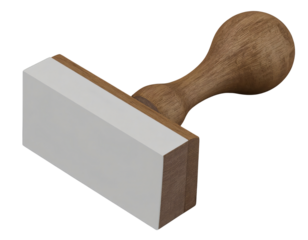 A classic wooden rubber stamp with a turned handle and a blank white rectangular stamping surface, isolated on a white background.