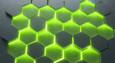 Futuristic glowing green hexagonal pattern, a vibrant abstract technology concept background representing data and energy.