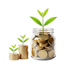 Money growth seedling in jar and coin stacks isolated on transparent background