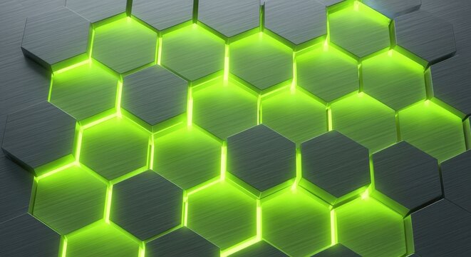Futuristic glowing green hexagonal pattern, a vibrant abstract technology concept background representing data and energy.