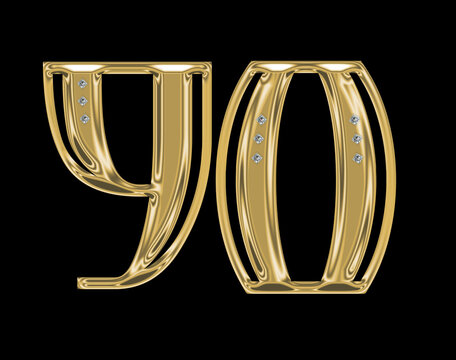 Gold Metallic 3D number 90 Isolated on Black with Diamonds
