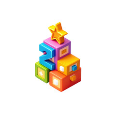 Fototapeta premium Colorful, 3D-rendered blocks stacked into a stylized tree shape with a star atop, and the number 