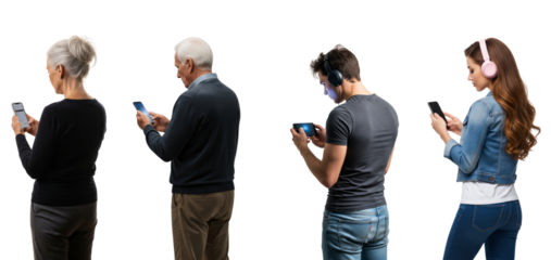 Group of people using smart phone isolated on white or transparent background