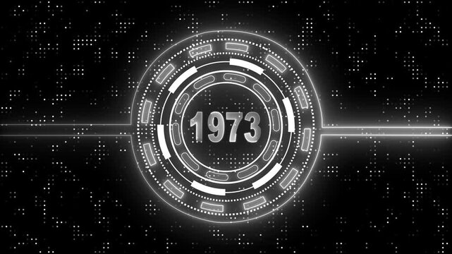 1973 text with screen effects of technological failures. Concept of counting years. 4k animation video.