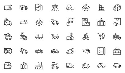 Logistics and inventory line icon set highlighting boxes, warehousing, and delivery features. Thin outline icons pack. Vector illustration. editable stroke